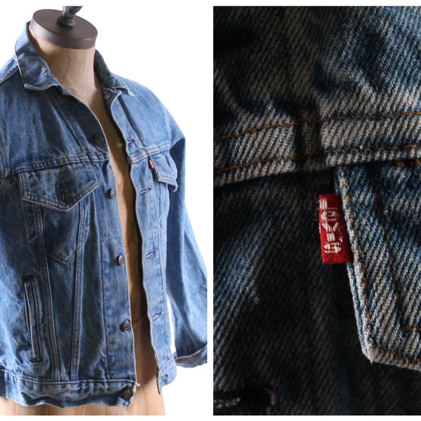 Levis jean jacket indigo blue stone wash levi Strauss denim red tab button front vintage 1980s 1990s