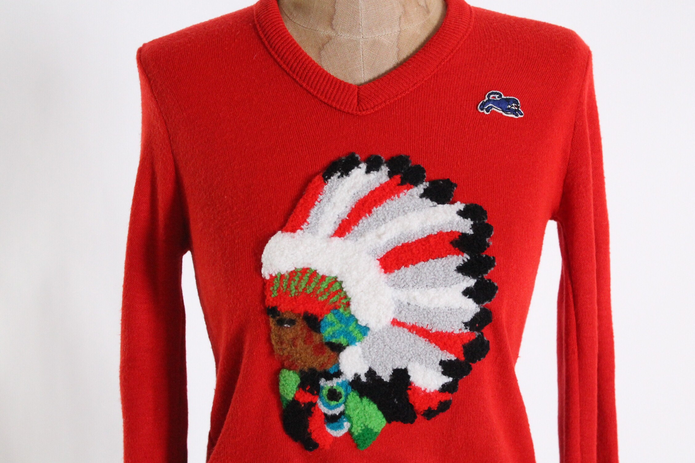 Vintage Indian Chief Sweater Red Knot Letterman Chenille
