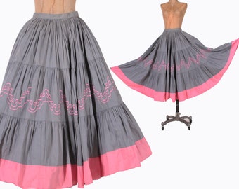 vintage 1950s fiesta circle skirt pink + gray cotton embroidered patio festival size small