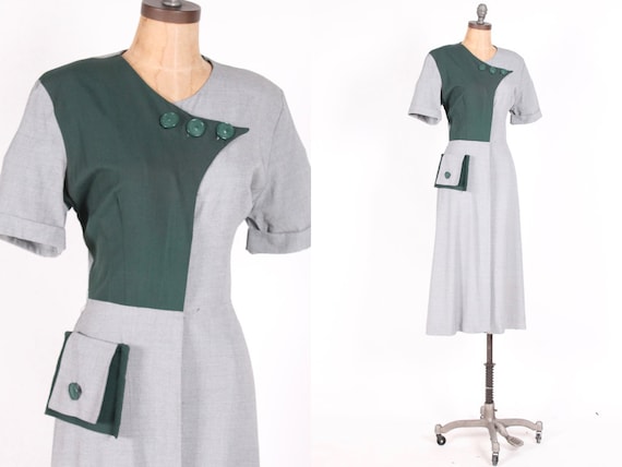 1940s vintage gabardine dress hunter loden green B