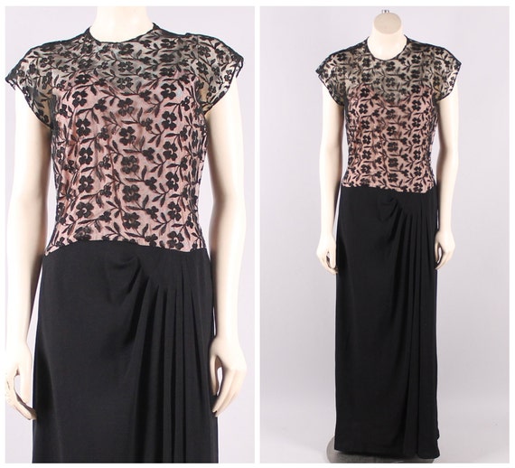 vintage 1930s black illusion lace draped dress an… - image 1