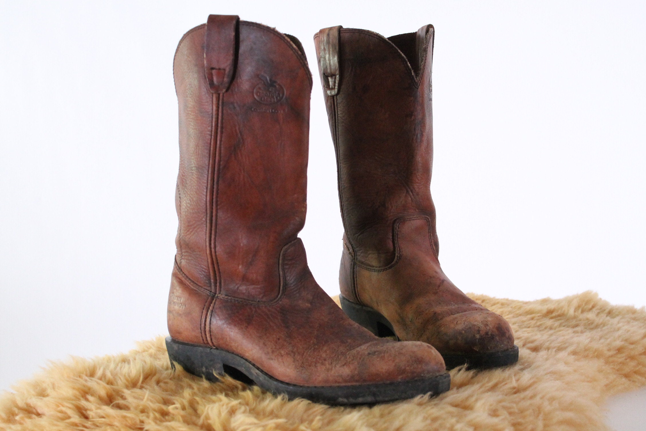 Vintage Brown Leather Work Boots Worn Western Farm Ranch Mens Cowboy Country Size 8 Etsy