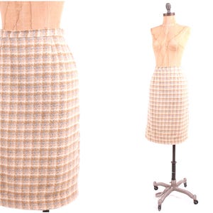 fitted plaid wool pencil skirt 1950s vintage tan + gray houndstooth check bombshell ladies small pinup