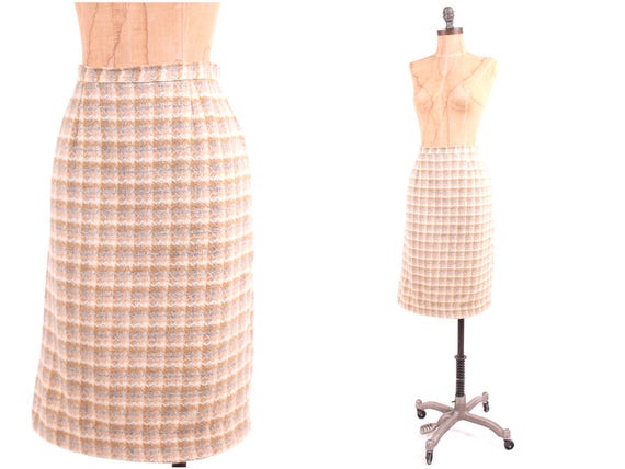 fitted plaid wool pencil skirt 1950s vintage tan … - image 1