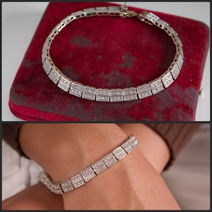 Diamond Tennis Bracelet Double Row Sterling Silver vintage square link antique art deco style