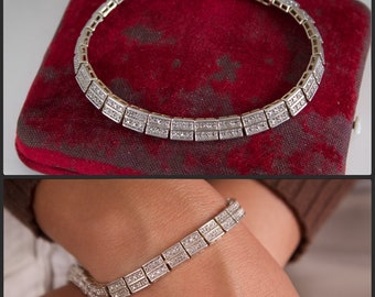 Diamond Tennis Bracelet Double Row Sterling Silver vintage square link antique art deco style