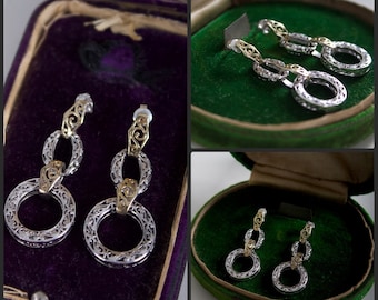 Sterling Filigree Earrings Dangle Victorian Antique style Chandelier Hoops Silver + Gold Vermeil Pierced 925