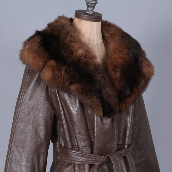 vintage brown leather & plush fur collar trench c… - image 6