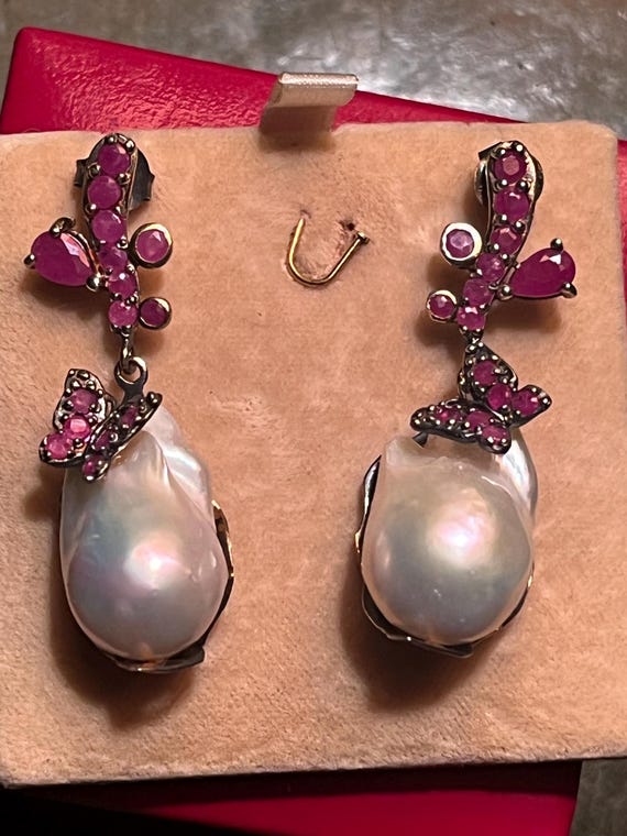 Sterling silver + Ruby butterfly baroque pearl dr… - image 2