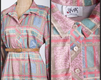 Vintage VERA blouse 1970s button down shirt green floral design top size 16 Vera Neumann