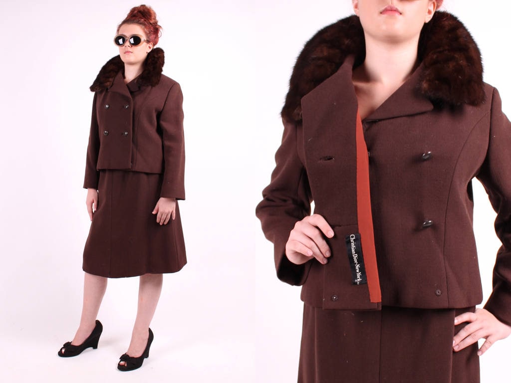 Vintage 1960s Christian Dior 2 Piece Suit Chocolate Brown