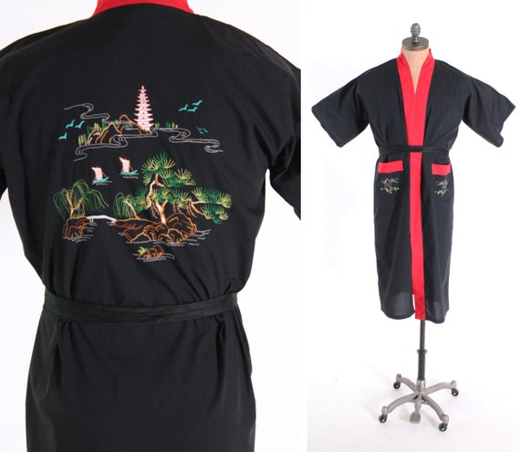 amazing vintage kimono black Pagoda scenic embroi… - image 1