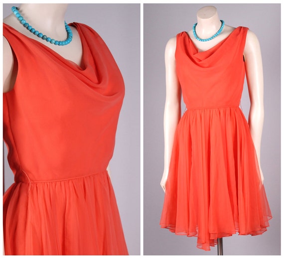 vintage 1960s coral silk chiffon party dress drap… - image 2