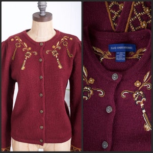 Hand Embroidered Cardigan Sweater vintage key design burgundy wine maroon knit jacket top