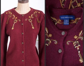 Hand Embroidered Cardigan Sweater vintage key design burgundy wine maroon knit jacket top