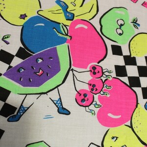 vintage 1980s NEON anthromorphic fruit printed fabric cotton cloth image 2