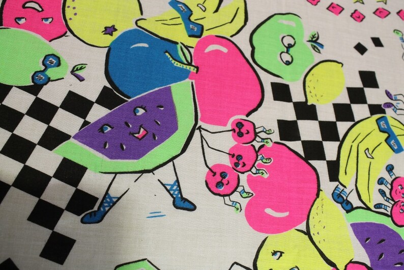 vintage 1980s NEON anthromorphic fruit printed fabric cotton cloth image 2