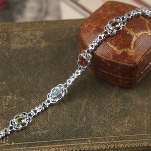 gemstone + sterling bracelet vintage silver filigree peridot garnet aquamarine citrine amethyst tennis link 925 gift