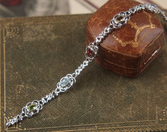 gemstone + sterling bracelet vintage silver filigree peridot garnet aquamarine citrine amethyst tennis link 925 gift