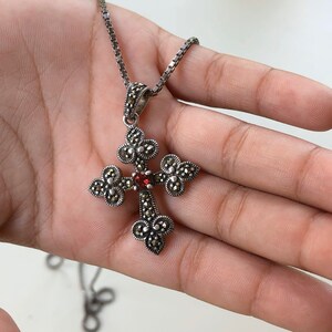 sterling silver cross pendant necklace vintage gothic garnet marcasite long chain religious crucifix jewelry image 7