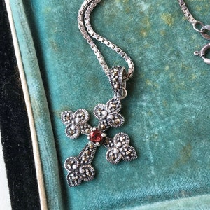 sterling silver cross pendant necklace vintage gothic garnet marcasite long chain religious crucifix jewelry image 2