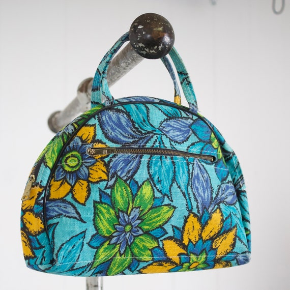 1960s floral mod purse turquoise bark cloth flowe… - image 2