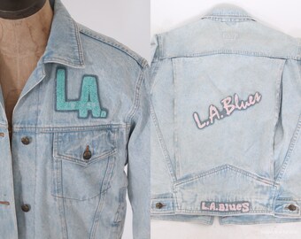 LA Blues jean jacket blue stone wash LA GEAR denim embroidered varsity letter button front vintage 1980s 1990s