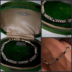 Sapphire + Gold Vermeil Sterling Silver bracelet tennis link classic vintage antique filigree style September birthstone