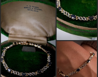 Sapphire + Gold Vermeil Sterling Silver bracelet tennis link classic vintage antique filigree style September birthstone