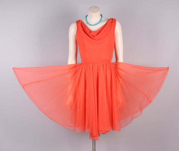 vintage 1960s coral silk chiffon party dress drap… - image 1