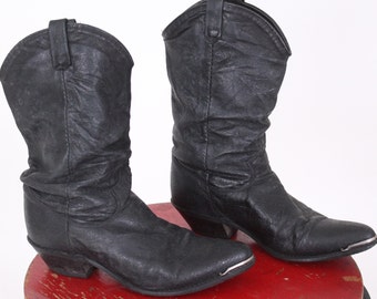 vintage black leather slouch boots rodeo country western ankle cowboy cowgirl size 6.5 1980s