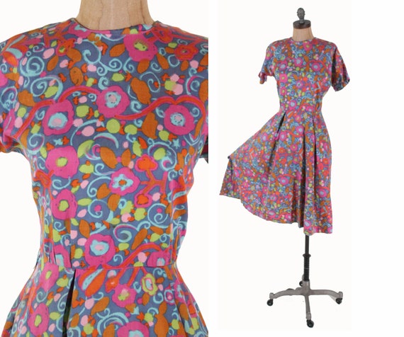 vintage 1950s flower dress cotton fitted party dr… - image 1