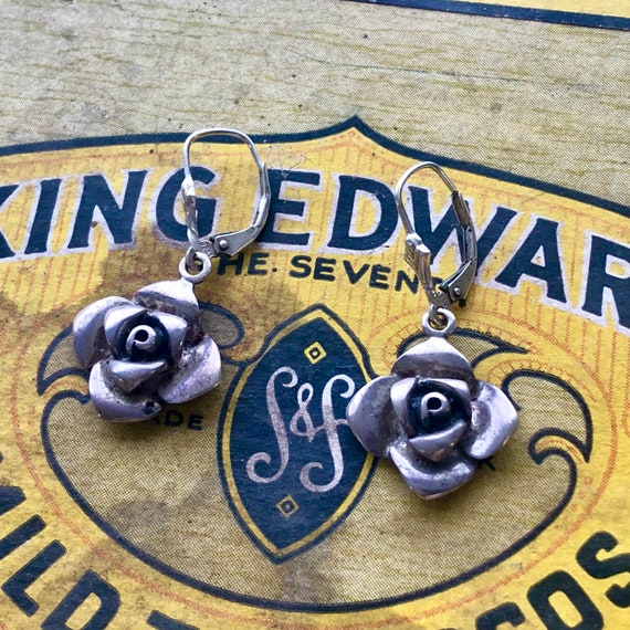 Sterling roses Dangle Drop Earrings silver flower… - image 1