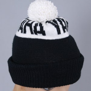 vintage 1980s YAMAHA snowmobile hat snowboarding ski knit winter beanie pom pom black white image 3