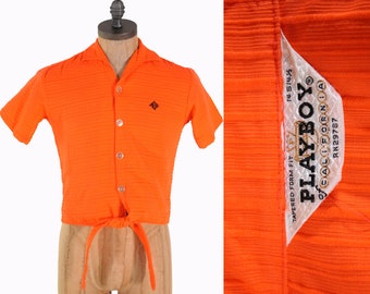 vintage Playboy Califorina bright orange 1950s USA label mens shirt button down oxford size Small