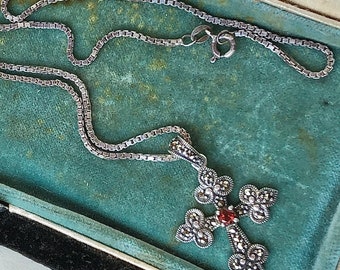 sterling silver cross pendant necklace vintage gothic garnet marcasite long chain religious crucifix jewelry