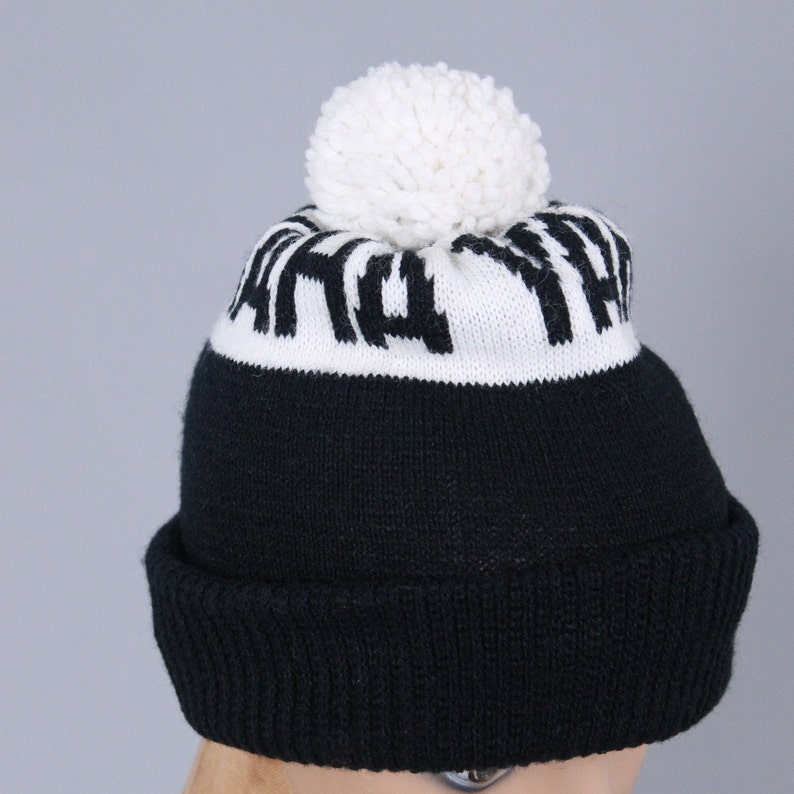 vintage 1980s YAMAHA snowmobile hat snowboarding ski knit winter beanie pom pom black white image 5