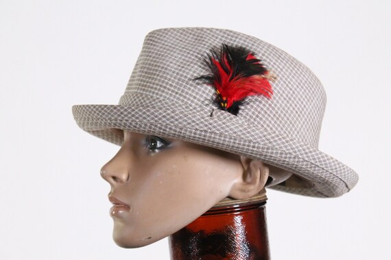 vintage 1960s fedora hat light tan plaid with red… - image 6