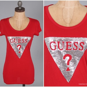 Guess red + silver sequin mini dress stretchy jersey body con fitted logo tunic size small