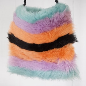 vintage shaggy fur soft plush Shearling tote bag cotton candy stripe  leather festival purse 1970s boho hippie punk rainbow