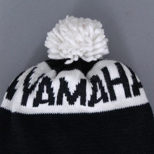 vintage 1980s YAMAHA snowmobile hat snowboarding ski knit winter beanie pom pom black white image 4