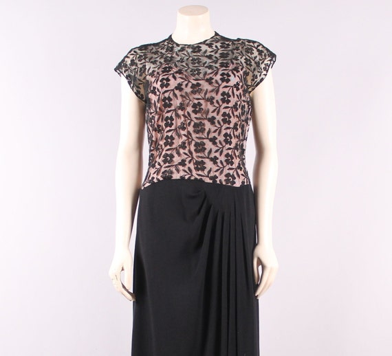 vintage 1930s black illusion lace draped dress an… - image 2