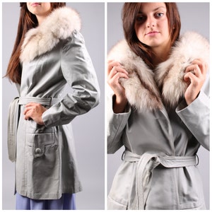 vintage 1960s charcoal grey gray leather & plush fox fur collar trench coat jacket 1970s fitted belted waist size small