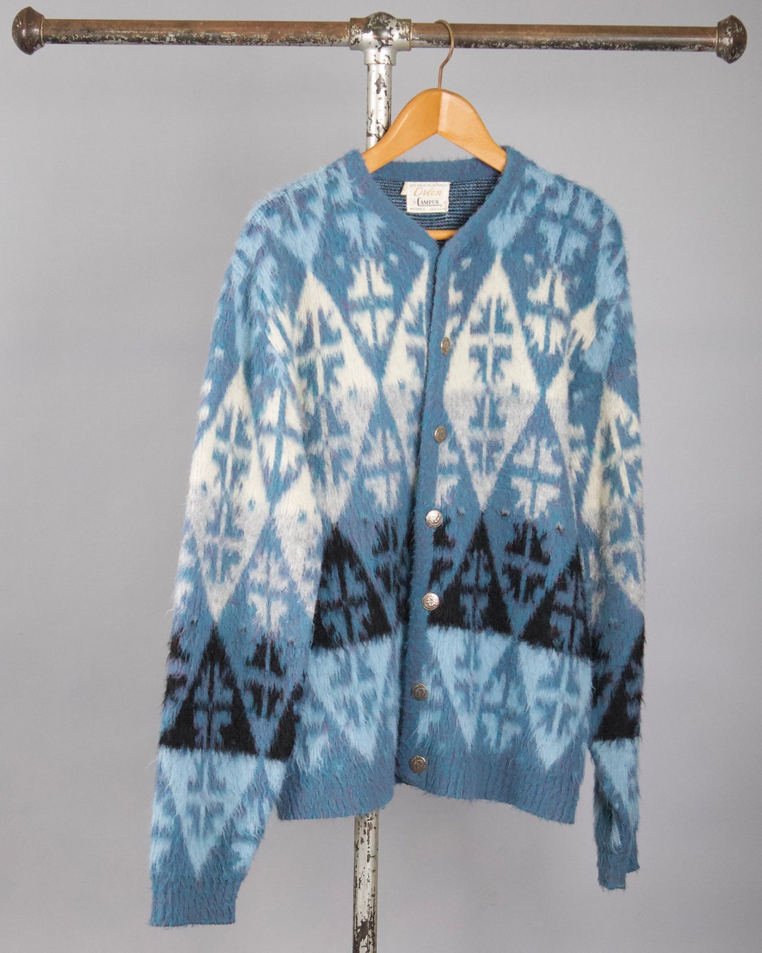 1950s Campus Cardigan Sweater Blue Geometric Printed Fuzzy Mohair 