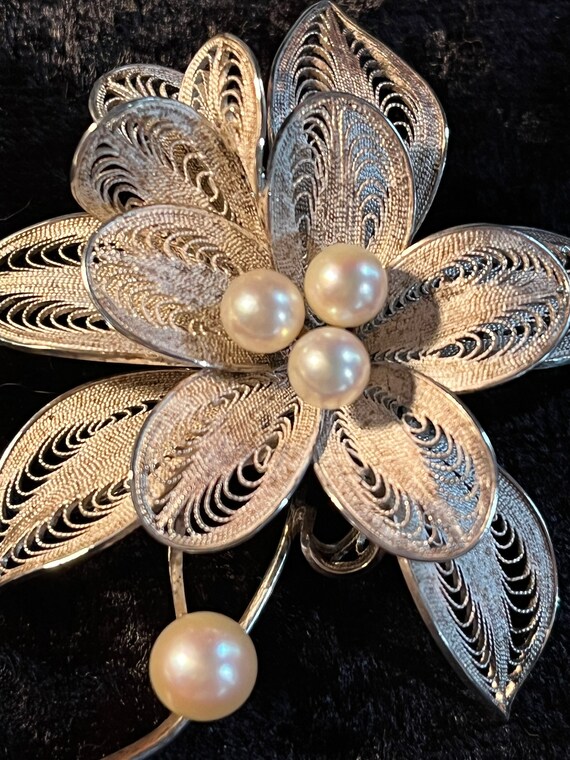 Vintage Silver Fillagree Pin with Pearls - image 2