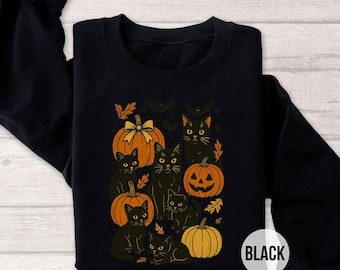 Black Cat Halloween Sweatshirt, Cute Spooky Fall Pullover with Pumpkins & Cats, Cozy Autumn Witchcore Crewneck, Witchy Fall Crewneck