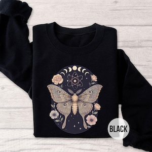 Mystical Moth Moon Phase Sweatshirt, Witchy Butterfly Crewneck with Floral & Celestial Design, Boho Spiritual Pullover, Lunar Cycle Fall