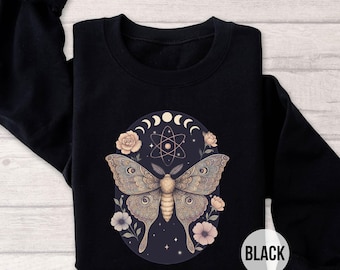 Mystical Moth Moon Phase Sweatshirt, Witchy Butterfly Crewneck with Floral & Celestial Design, Boho Spiritual Pullover, Lunar Cycle Fall