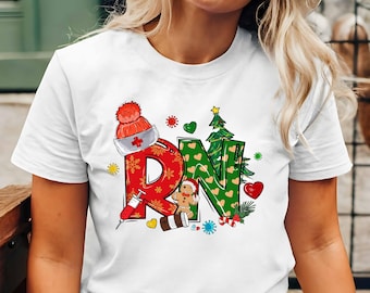 RN Christmas T Shirt Nurse Holiday Top Funny Healthcare Graphic Tee Registered Nurse Santa Tree Gingerbread Gift