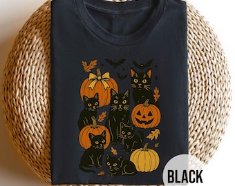 Black Cat Halloween Shirt, Spooky Season Tee with Pumpkins, Bats & Cute Cats – Black Fall Graphic Tee for Cat Lovers October Outfits